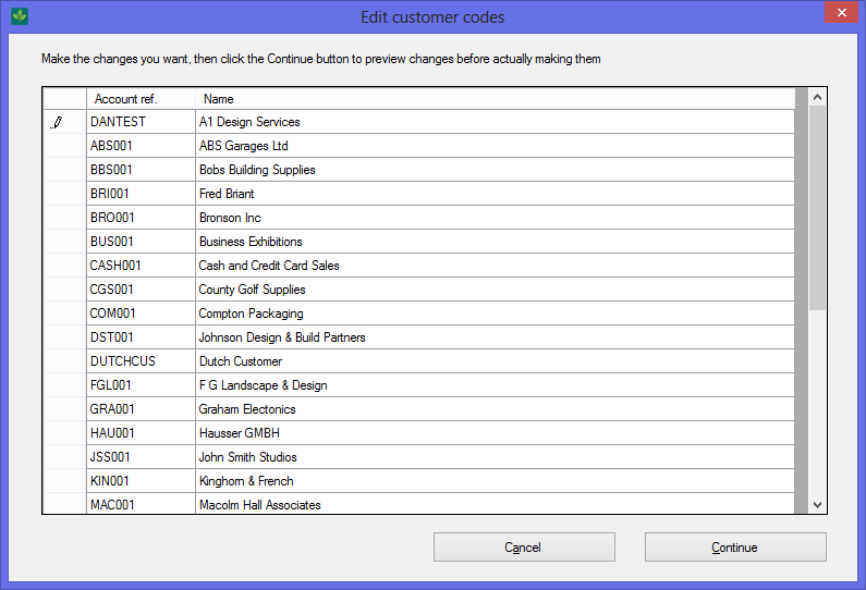 Change customer codes